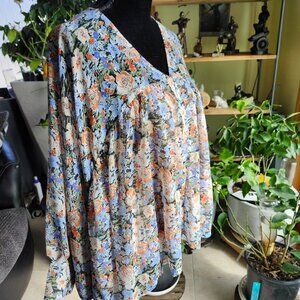 Hailey & Co. Multicolor Floral Dolman Batwing Style Sleeve Button Blouse Small